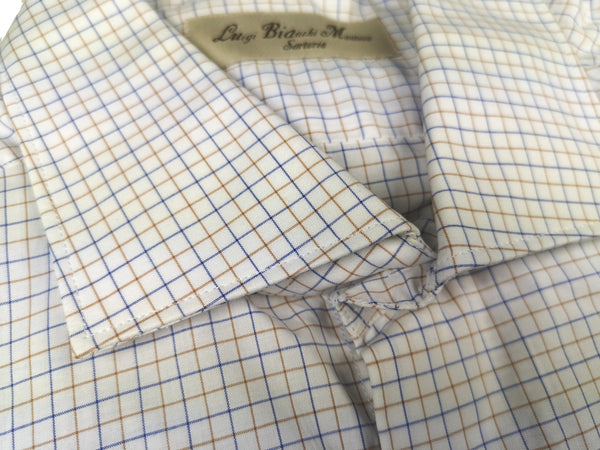 Luigi Bianchi Shirt 15.75, White with gold/blue tattersall Spread collar Cotton