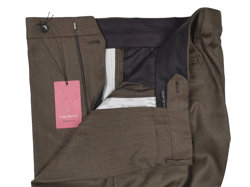 Luigi Bianchi  Trousers 36, Brown sharkskin Flat front Relaxed fit Wool