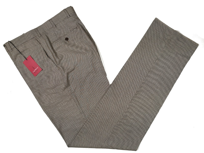 Luigi Bianchi Trousers 34 Brown/Cream mini-check Flat front Relaxed fit Wool