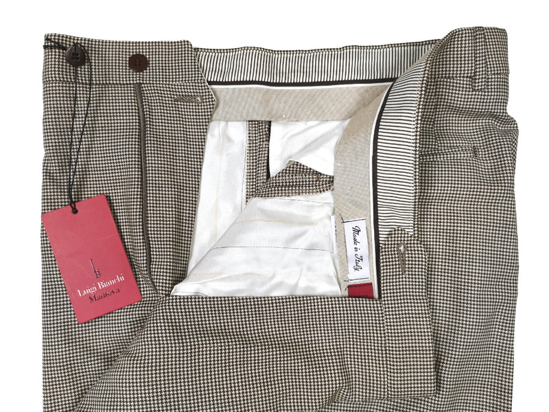 Luigi Bianchi Trousers 34 Brown/Cream mini-check Flat front Relaxed fit Wool