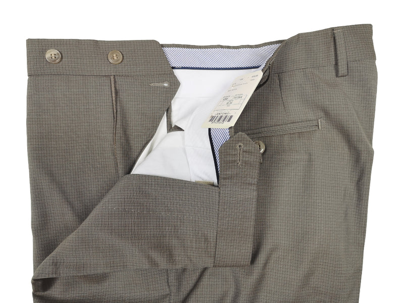 Luigi Bianchi  Trousers 34, Taupe mini-plaid Flat front Tailored fit Wool