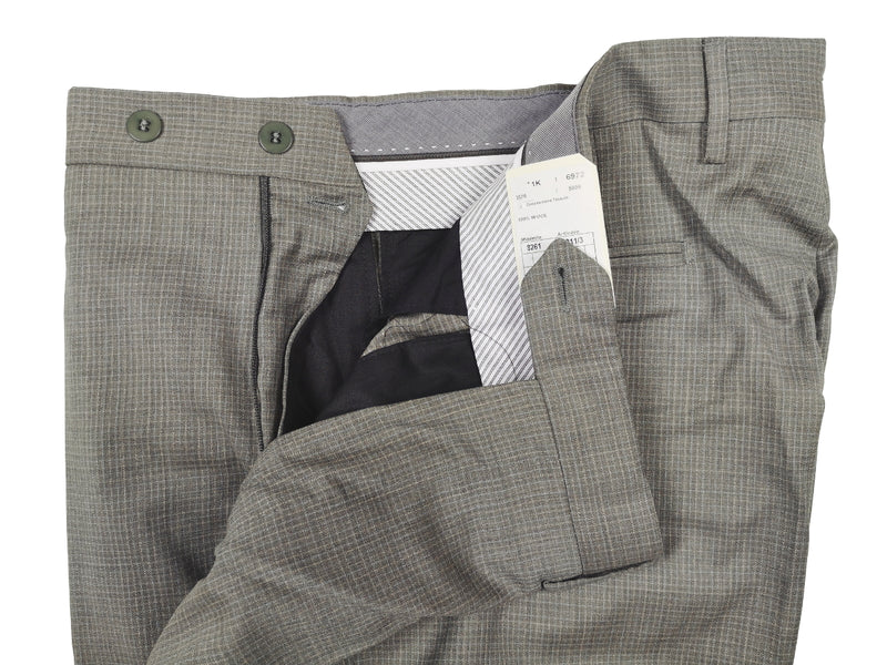 Luigi Bianchi  Trousers 34, Earthy grey with sky & chalk mini-check Flat front Tailored fit Wool