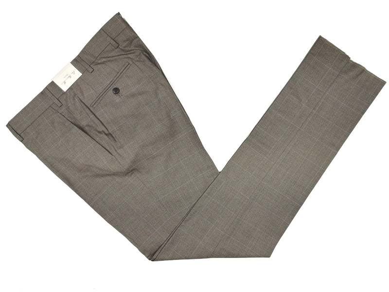 Luigi Bianchi  Trousers 34, Earthy grey sky windowpane Flat front Slim fit Wool