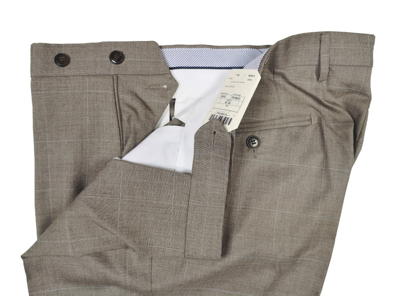 Luigi Bianchi  Trousers 34, Earthy grey sky windowpane Flat front Slim fit Wool