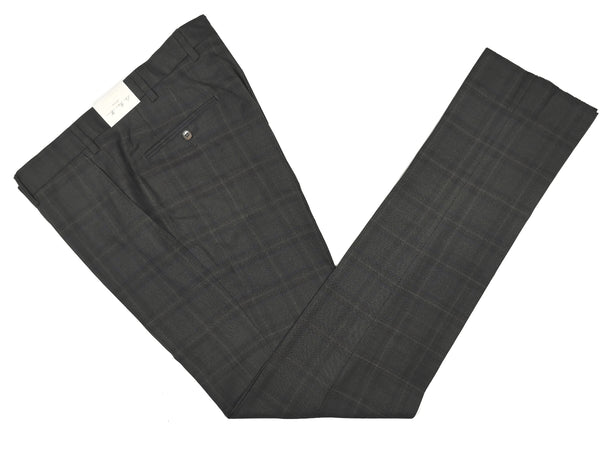 Luigi Bianchi  Trousers 33/34, Charcoal brown with navy plaid Flat front Slim fit Wool