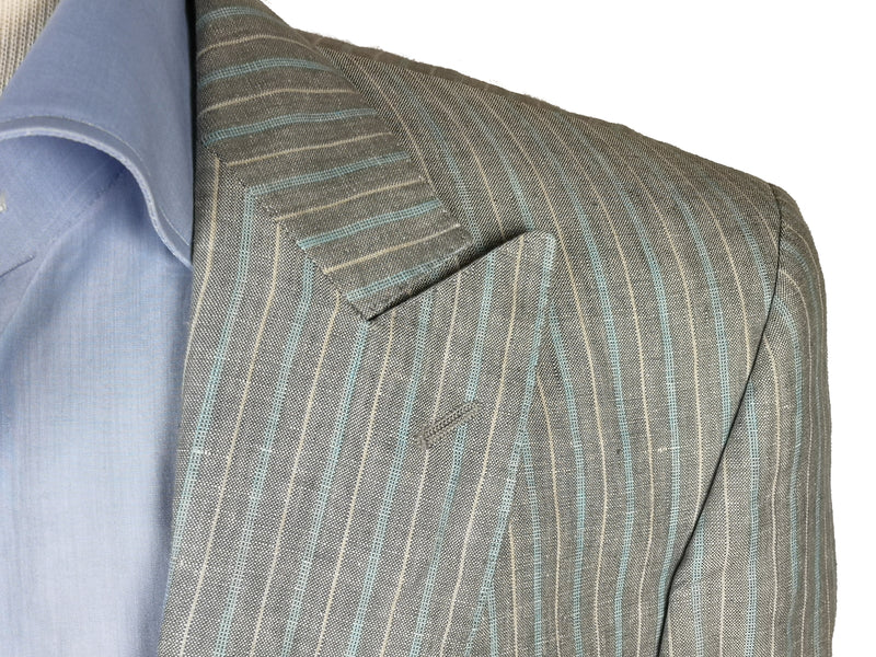 Luigi Bianchi Suit 39/40R, Light grey with sky stripes 1-Button Linen