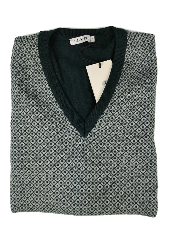LBM 1911 Sweater Medium/50, Forest green/white V-neck Merino wool