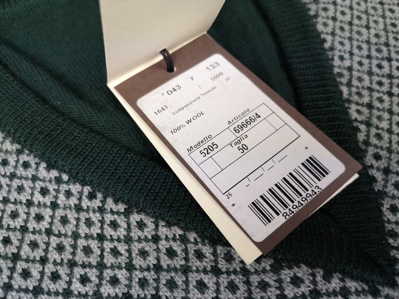 LBM 1911 Sweater Medium/50, Forest green/white V-neck Merino wool