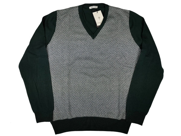 LBM 1911 Sweater Medium/50, Forest green/white V-neck Merino wool
