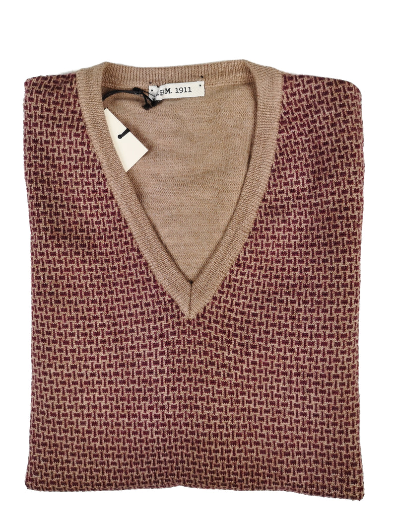 LBM 1911 Sweater Medium/50, Burgundy/Tan V-neck Merino wool