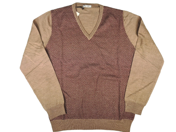 LBM 1911 Sweater Medium/50, Burgundy/Tan V-neck Merino wool