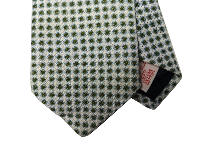 LBM 1911 Tie, Cream with green/sky dots 7cm Linen/Silk/Cotton