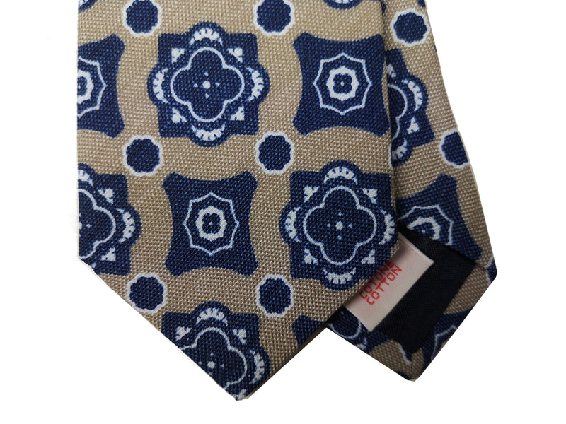 LBM 1911 Tie, Beige large navy geometric print 7cm Linen/Cotton