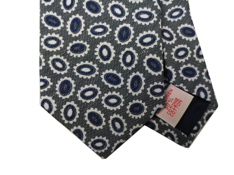 LBM 1911 Tie, Olive oval geometric print 7cm Linen/Cotton