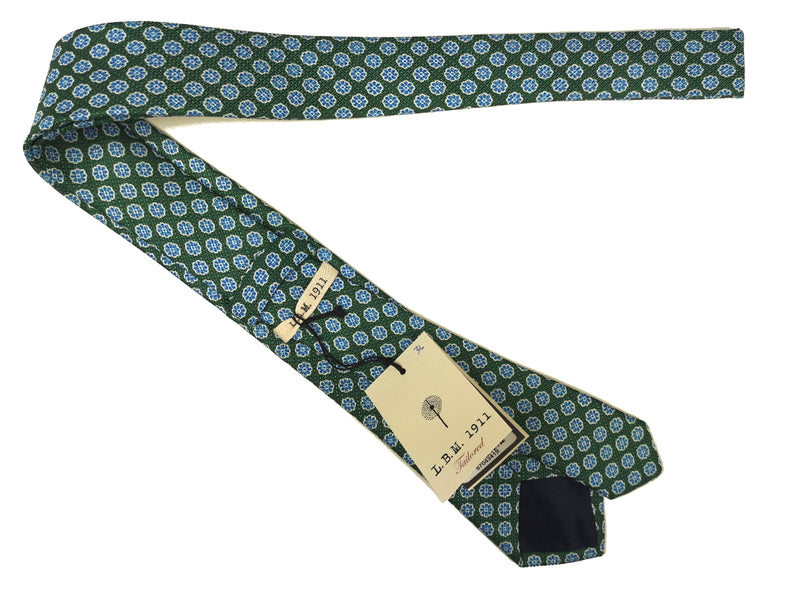 LBM 1911 Tie, Emerald with blue florettes 7cm Silk/Linen