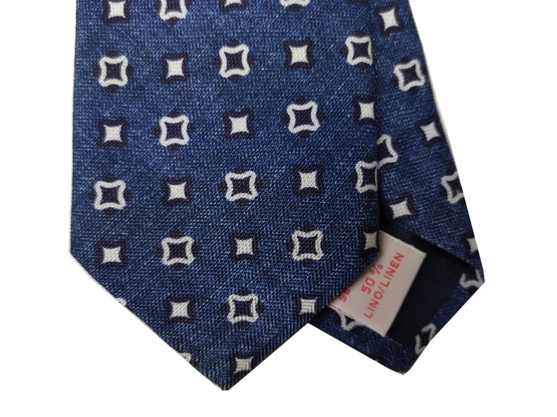 LBM 1911 Tie, Blue geometric print 7cm Silk/Linen