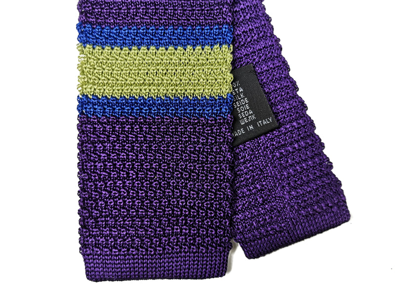 LBM 1911 Knitted Tie, Violet with blue/chartreuse stripes 6cm Silk