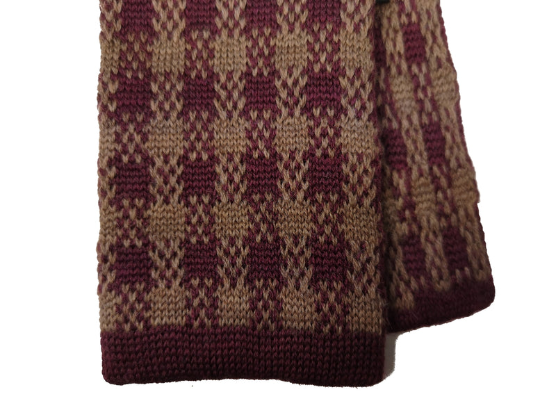 LBM 1911 Knitted Tie, Mocha/burgundy check 6cm Wool