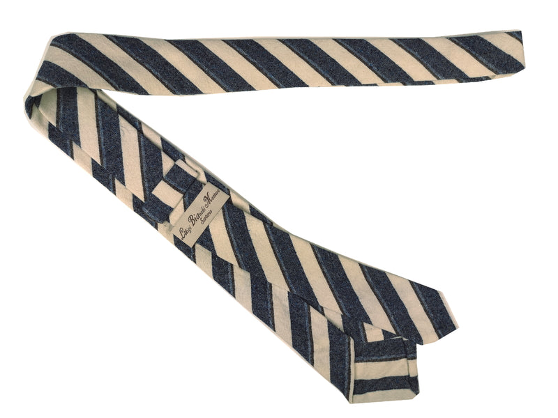 Luigi Bianchi Tie, Denim blue & ivory stripes 7cm Cotton/Silk blend