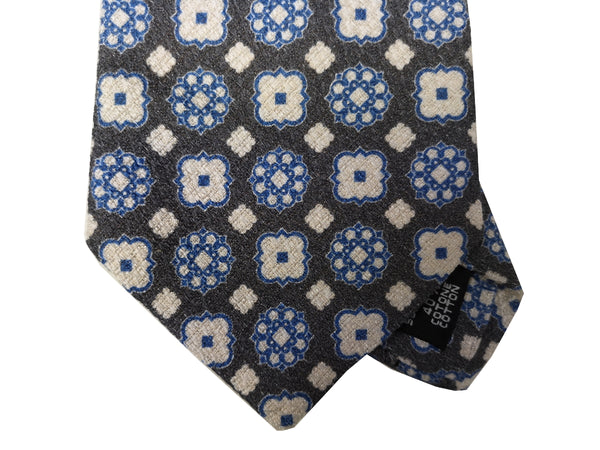 Luigi Bianchi Tie, Grey ivory/blue medallion print Silk/Linen
