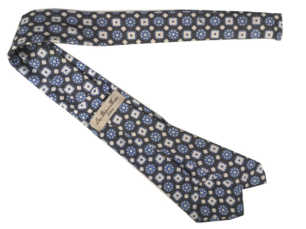 Luigi Bianchi Tie, Grey ivory/blue medallion print Silk/Linen