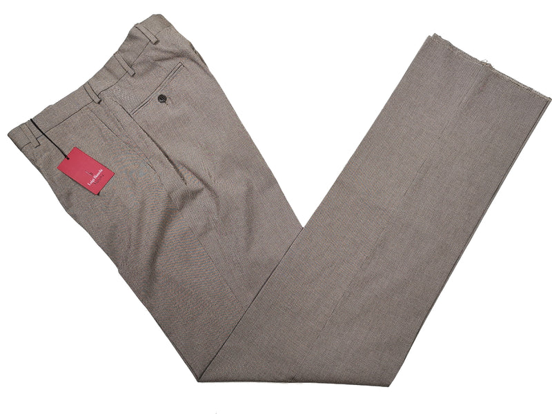 Luigi Bianchi  Trousers 35, Taupe Micro check Flat front Tailored fit Cotton/Elastane