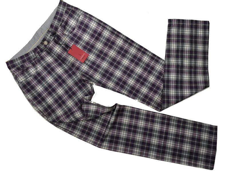 Luigi Bianchi  Trousers 34, Purple/White plaid 5 Pocket Tailored fit Linen/Cotton