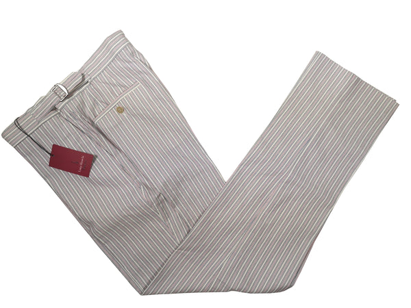 Luigi Bianchi  Trousers 34, Navy/Pink/White striped Flat front Tailored fit Cotton