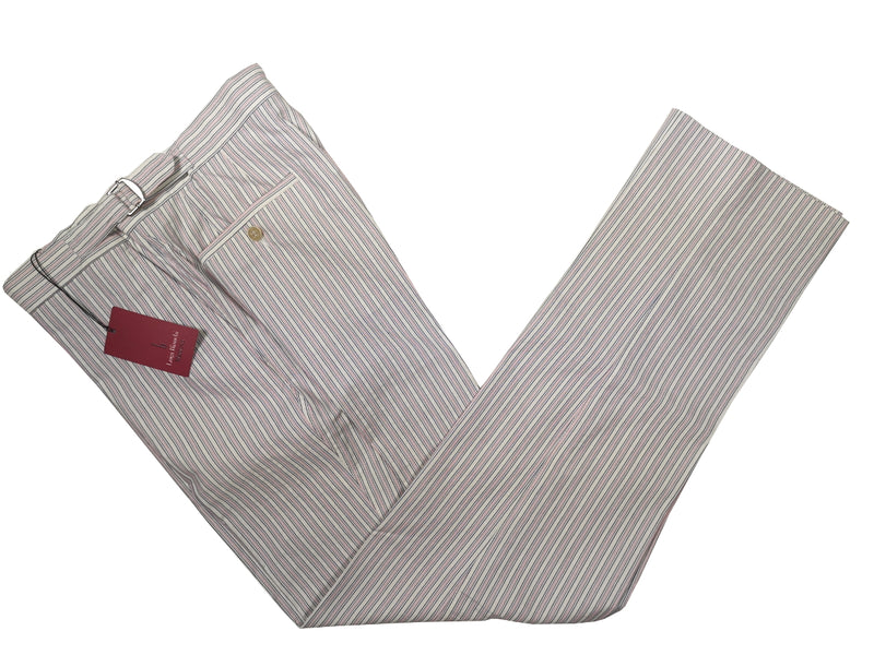 Luigi Bianchi  Trousers 34, Navy/Pink/White striped Flat front Tailored fit Cotton