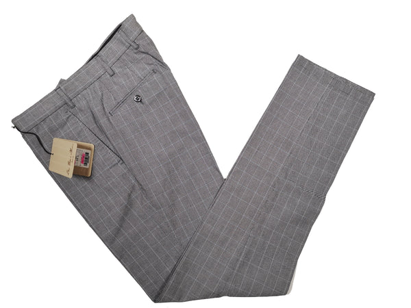 Luigi Bianchi  Trousers 34, Grey check with blue Flat front Tailored fit Cotton Blend