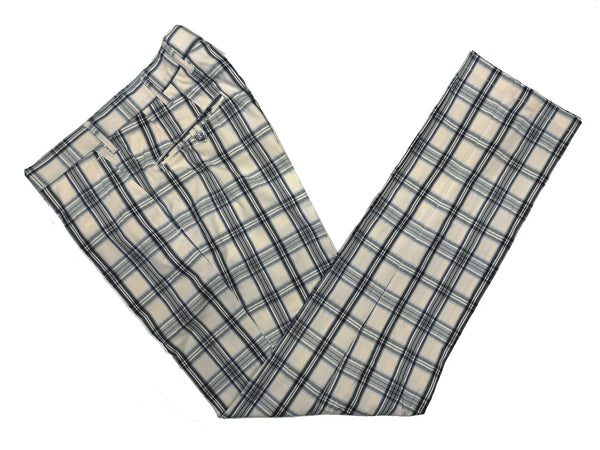 LBM 1911 Trousers 32, Vanilla with blue plaid Flat front Tailored fit Cotton/Elastane