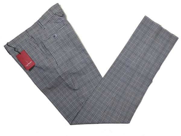 Luigi Bianchi  Trousers 34, White & navy glen plaid Flat front Tailored fit Cotton