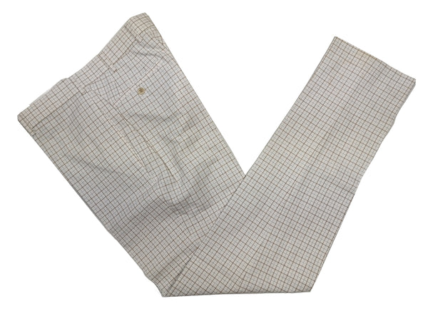 Luigi Bianchi Trousers 34, White & tan tattersall plaid Flat front Tailored fit Cotton