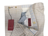 Luigi Bianchi Trousers 34, White & tan tattersall plaid Flat front Tailored fit Cotton