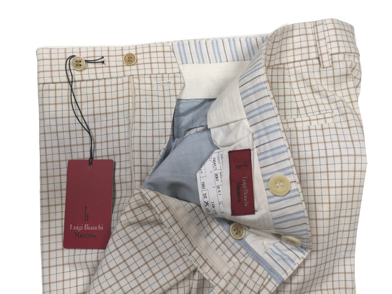 Luigi Bianchi Trousers 34, White & tan tattersall plaid Flat front Tailored fit Cotton