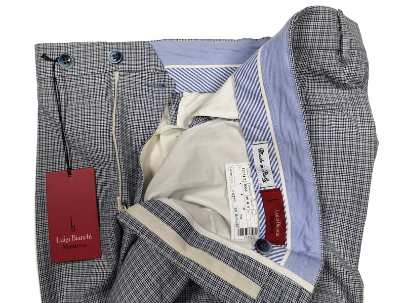Luigi Bianchi Trousers 32 Navy & Sky micro check Flat front Tailored fit Cotton