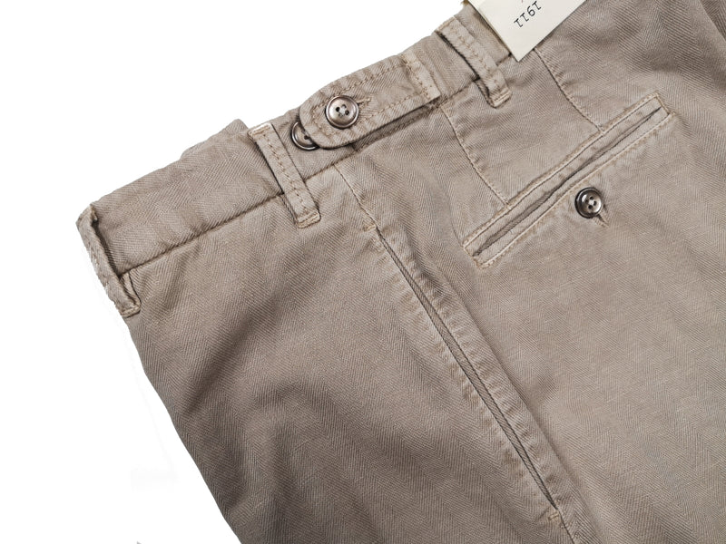 LBM 1911 Trousers 33/34, Washed khaki herringbone Flat front Slim fit Cotton/Linen