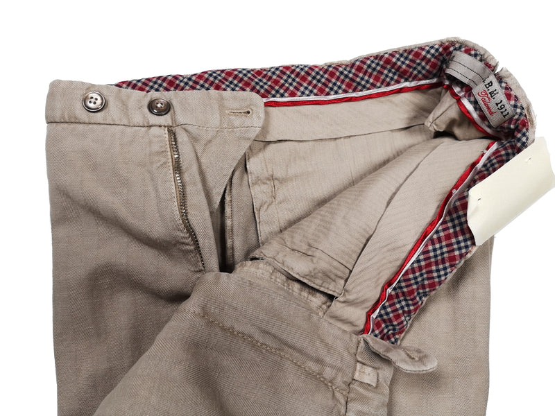 LBM 1911 Trousers 33/34, Washed khaki herringbone Flat front Slim fit Cotton/Linen