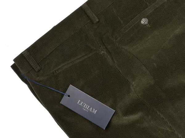 Lubiam Trousers 36, Dark olive Flat front Relaxed fit Cotton corduroy