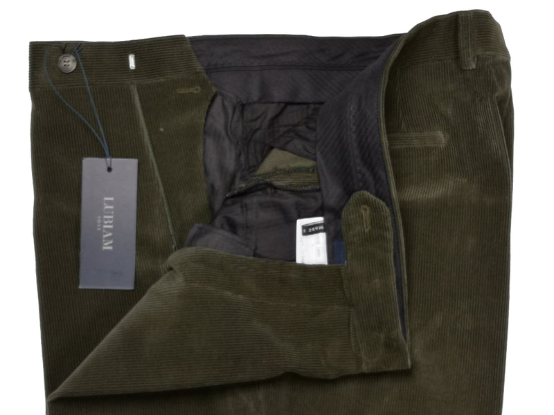 Lubiam Trousers 36, Dark olive Flat front Relaxed fit Cotton corduroy