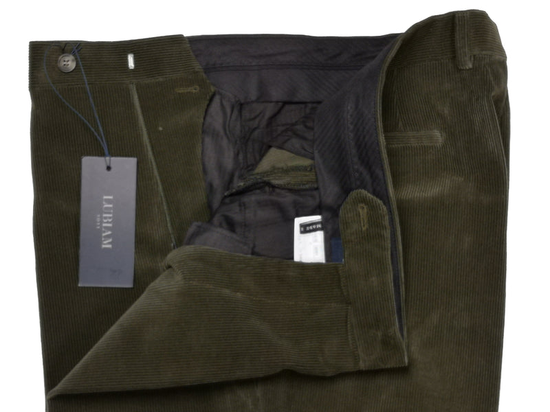 Lubiam Trousers 36, Dark oilve Flat front Relaxed fit Cotton blend corduroy