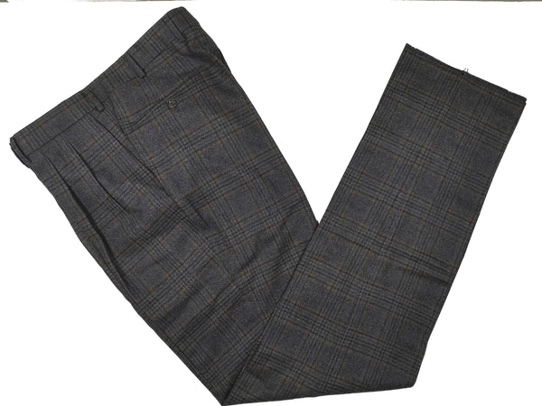 Lubiam Trousers 36, Charcoal with brown plaid Flat front Relaxed fit Wool