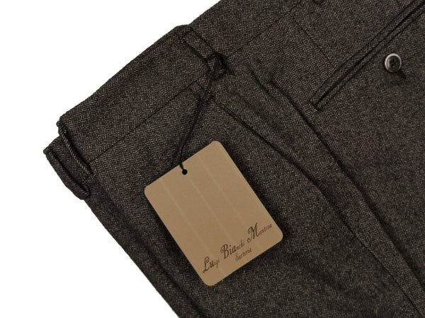 Luigi Bianchi  Trousers 36, Brown herringbone Flat front Tailored fit Wool blend