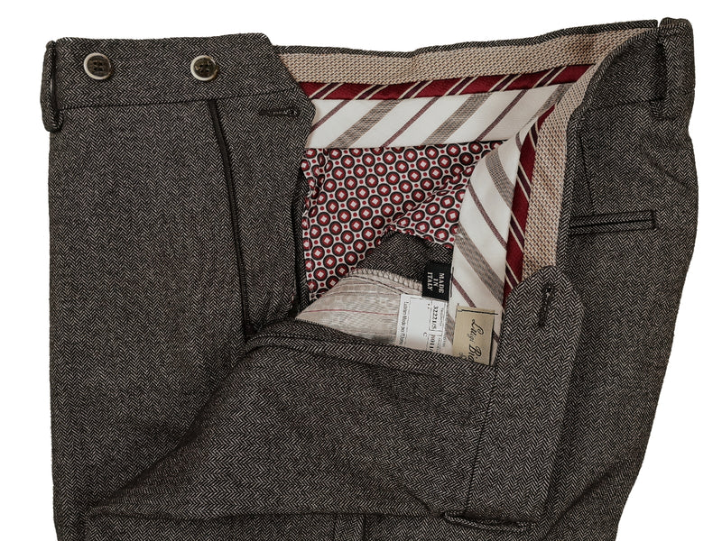 Luigi Bianchi  Trousers 36, Brown herringbone Flat front Tailored fit Wool blend