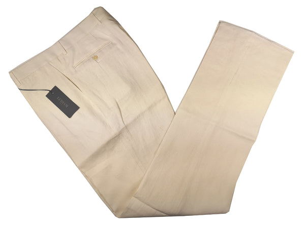 Luigi Bianchi Lubiam Trousers 34, Cream Flat front Relaxed fit Linen Irregular