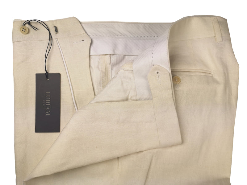 Luigi Bianchi Lubiam Trousers 34, Cream Flat front Relaxed fit Linen Irregular