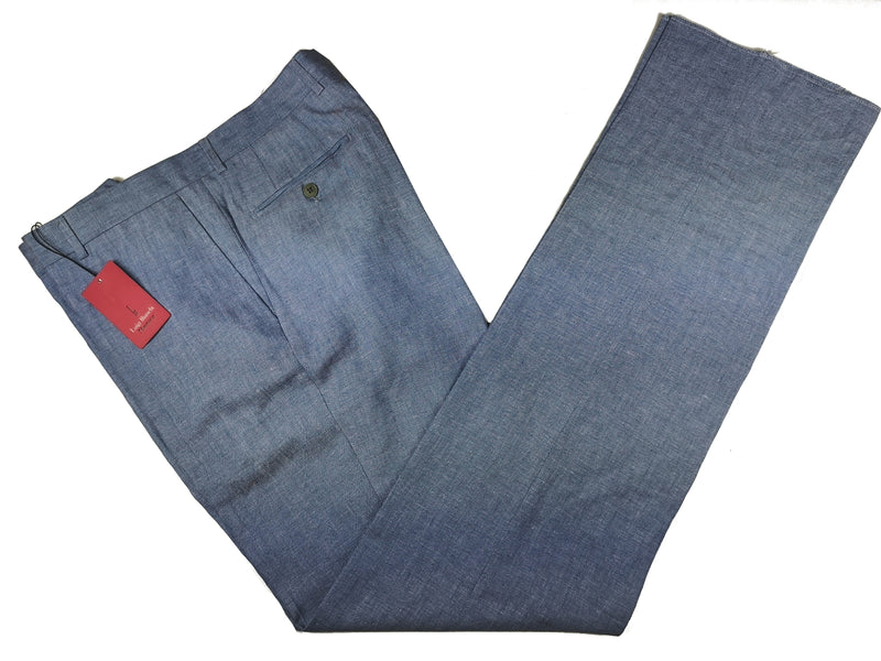 Luigi Bianchi Trousers 36, Medium blue Flat front Relaxed fit Linen
