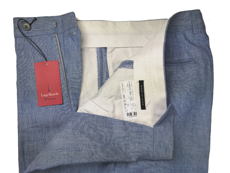 Luigi Bianchi Trousers 36, Medium blue Flat front Relaxed fit Linen