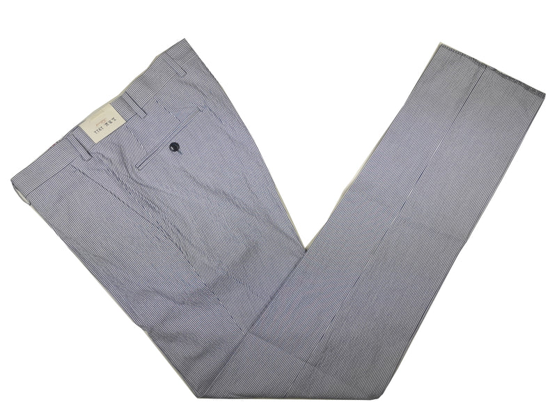 LBM 1911 Trousers 34, Blue/white striped seersucker Flat front Tailored fit Cotton blend