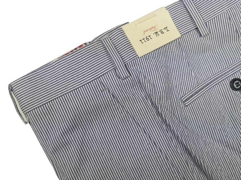 LBM 1911 Trousers 34, Blue/white striped seersucker Flat front Tailored fit Cotton blend